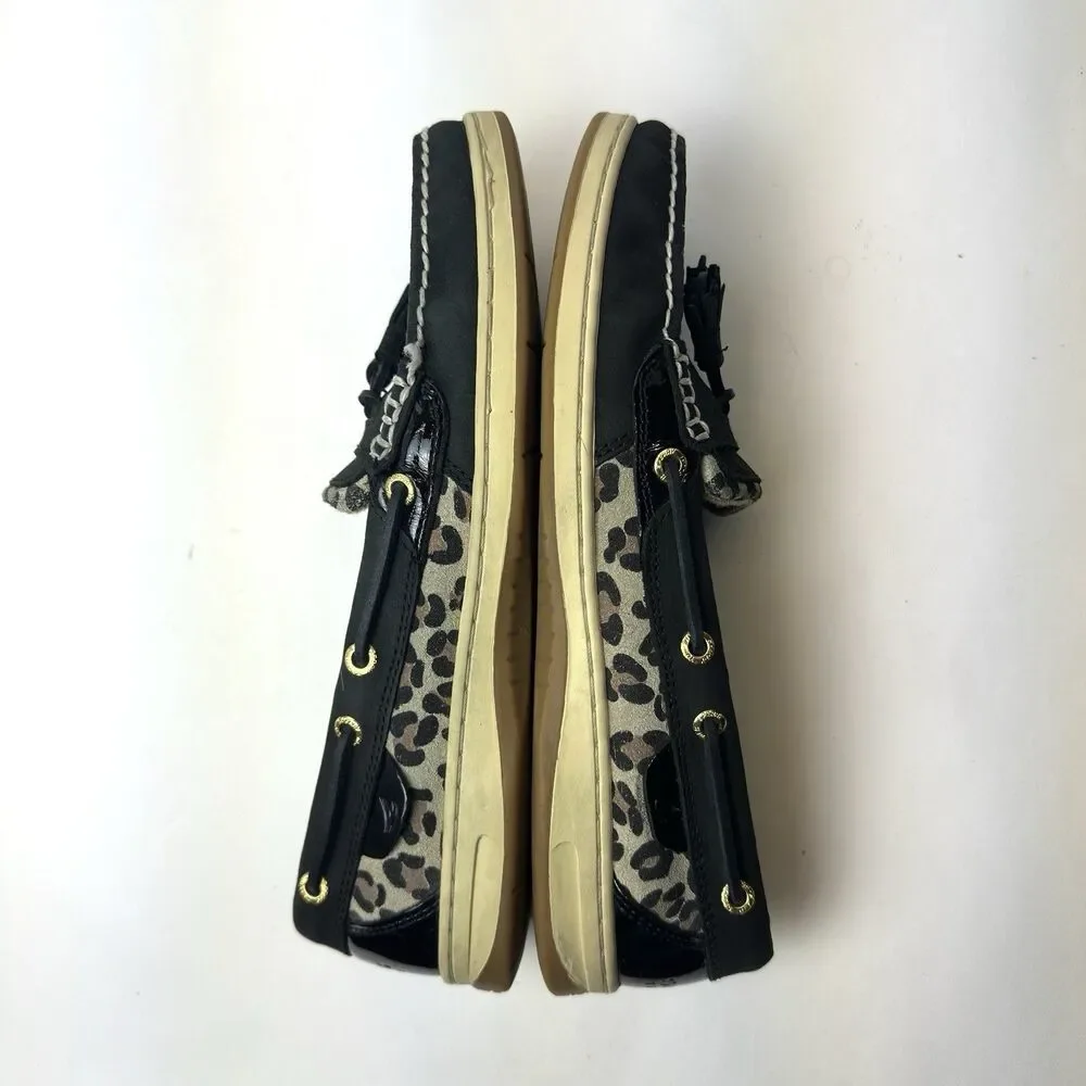 Sperry Top Sider Women Size 10M Black Boat Shoes, Animal Print Leather